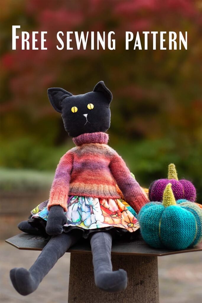 Black cat plush soft hand made toy, DIY toy, fall hand made project, cute cat sewing for kids, sewing for beginners